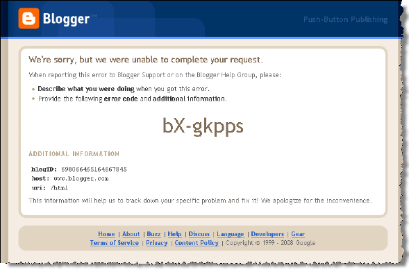 Blogger bX Error message